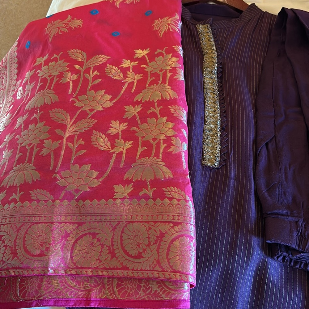 Purple Long Sleeve Kurta with Gold Detailing - Picture 6 of 8